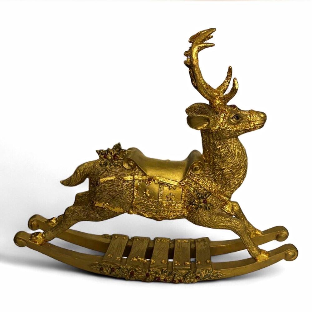 Elegant Victorian Style Christmas Decor Hand Painted Gold Leaf Rocking Reindeer